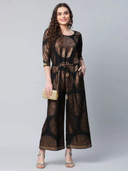 Black Crepe Copper Foil Printed Jumpsuit-AHKUCRFP-903-FF