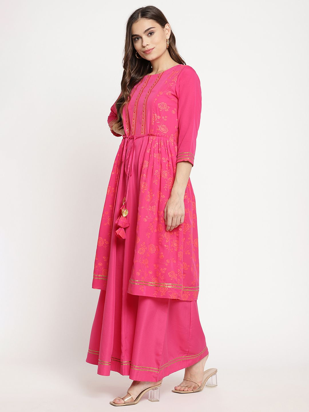 Dark Pink Printed Tie-Up Dress | Women's Western Wear Fashion