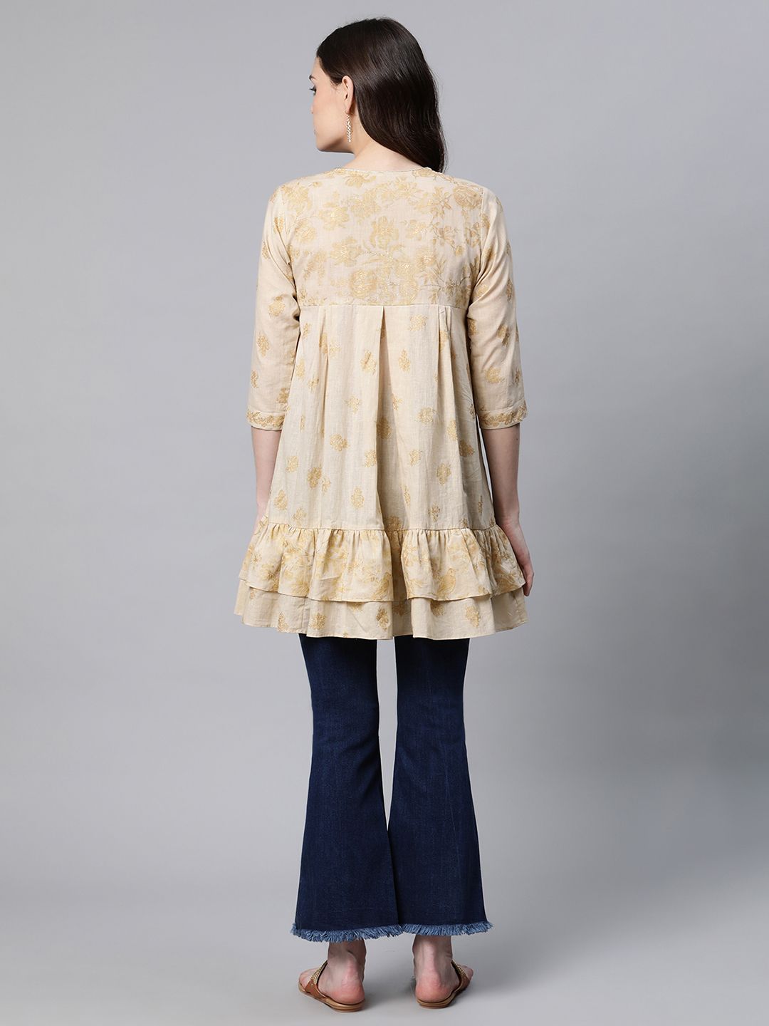 Beige & Gold Printed Tunic Top - Indian Kurtis for Women