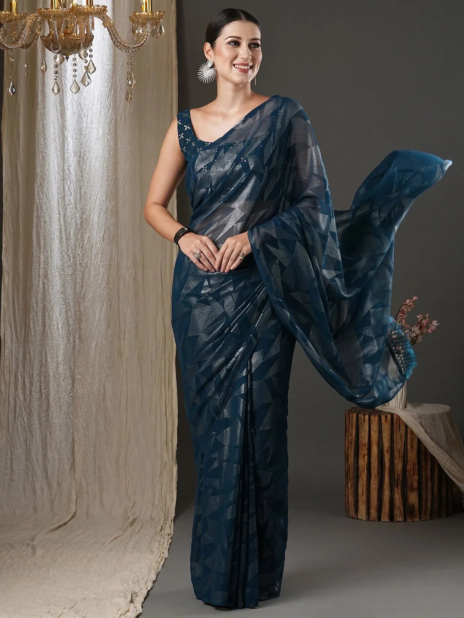 Teal Blue Printed Saree - Designer Indian Sarees Online