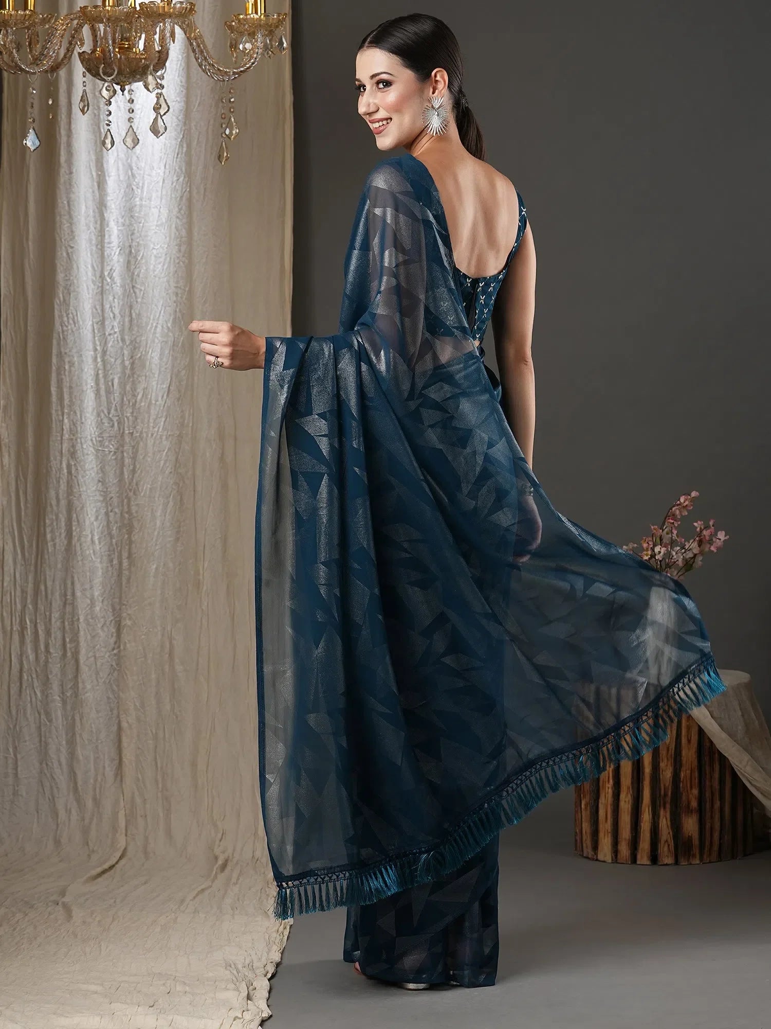 Teal Blue Printed Saree - Designer Indian Sarees Online