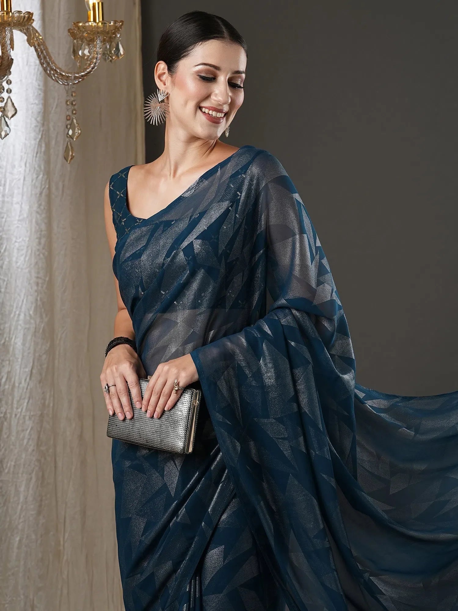 Teal Blue Printed Saree - Designer Indian Sarees Online