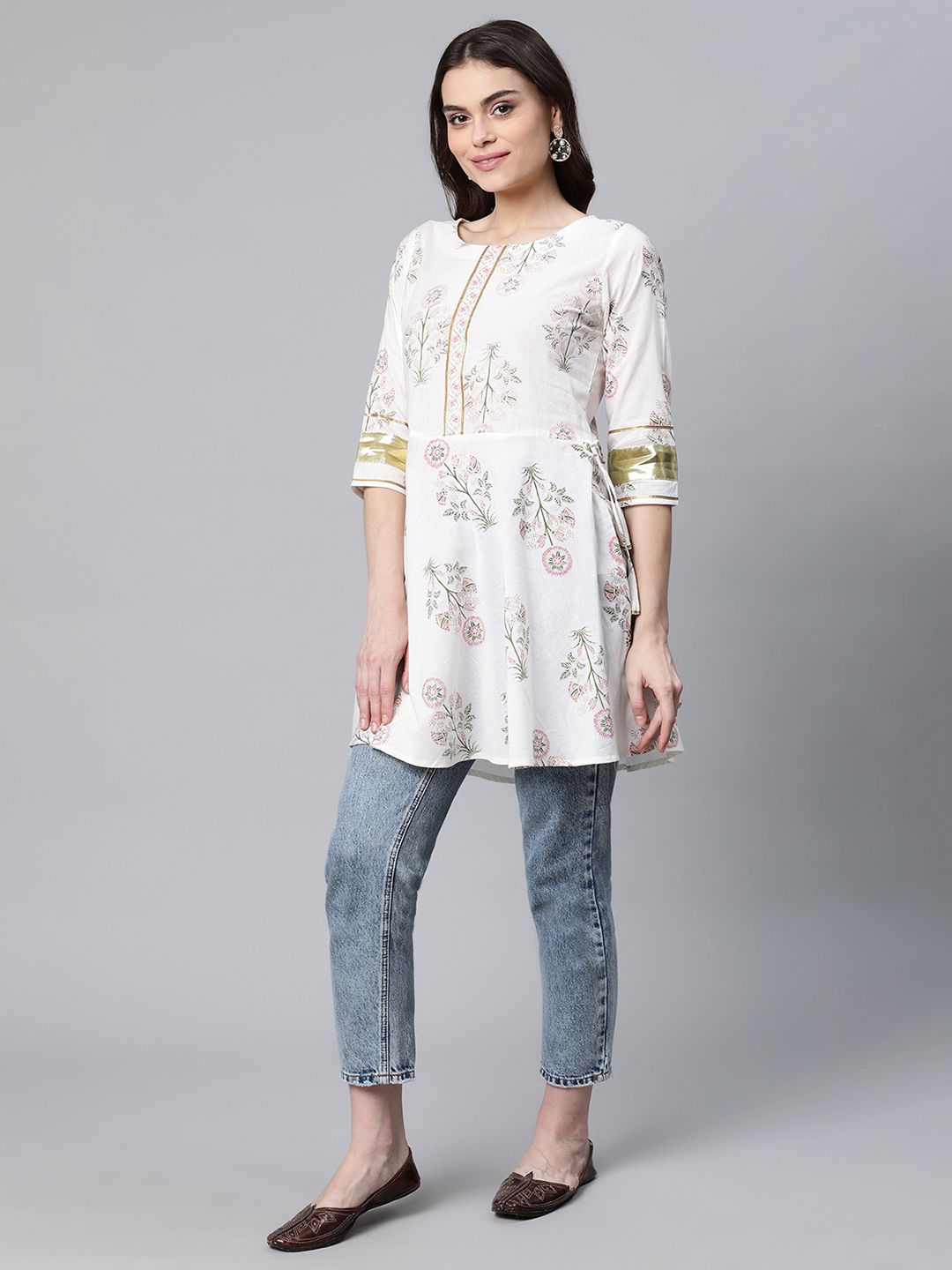 Off White Floral Cotton Tunic Top - Indian Kurta for Women