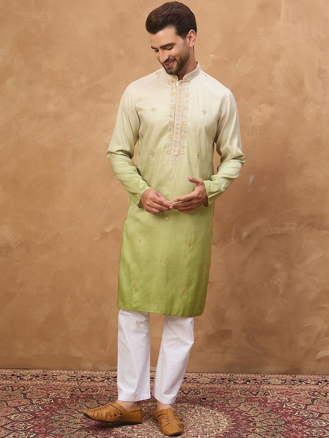Ethnic Bay Men Green Silk Blend Solid Embroidered Straight Kurta With Pant Set-MKSET1488