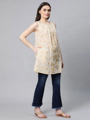 Beige Pure Cotton Floral Printed Tunic-AHKUCOPGGL-8067