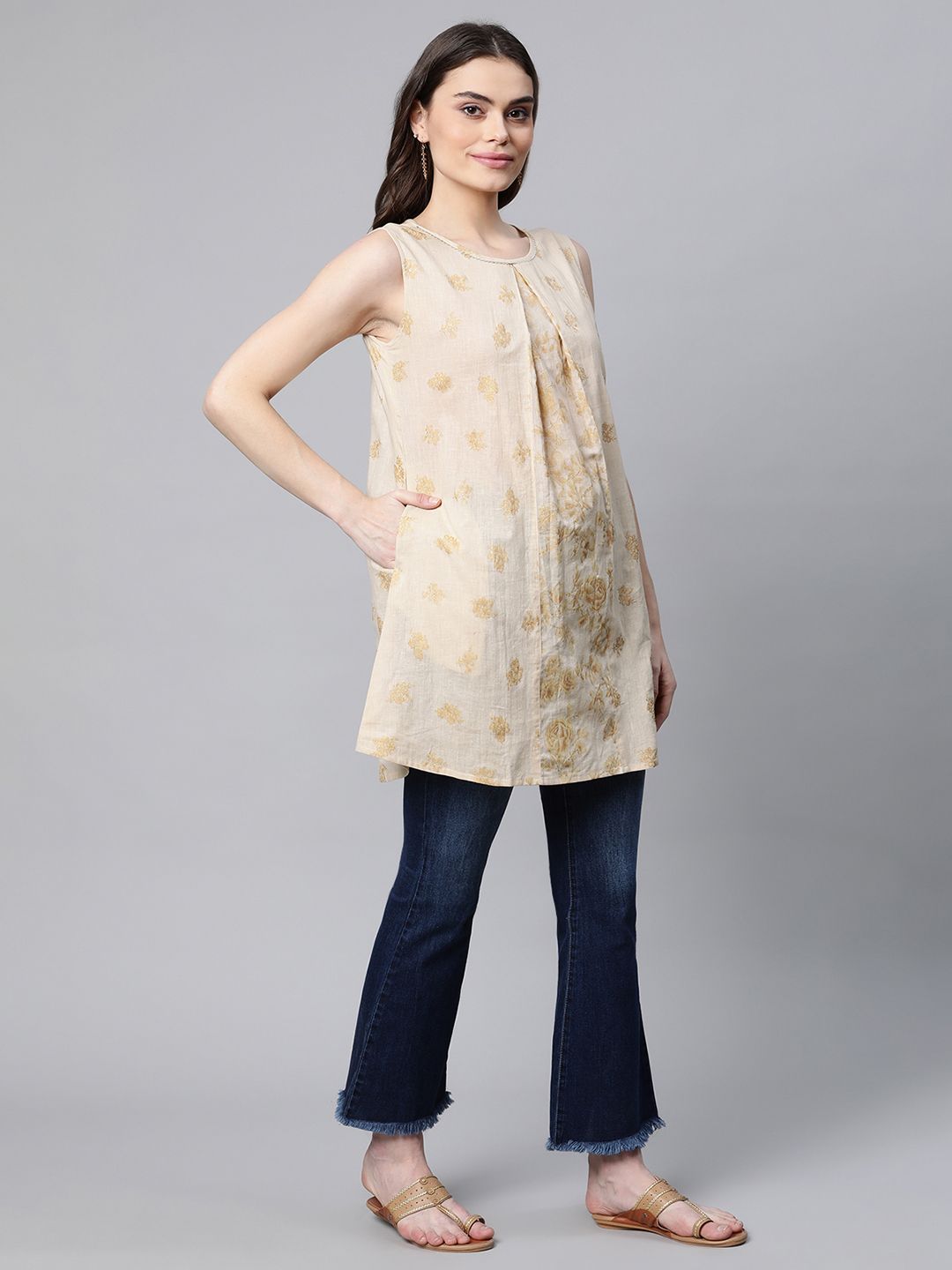 Floral Printed Beige Cotton Tunic Top - Indian Kurtis Online