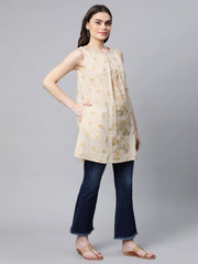 Beige Pure Cotton Floral Printed Tunic-AHKUCOPGGL-8067