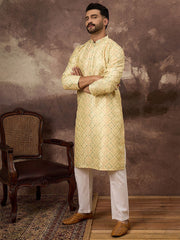 Ethnic Bay Men Yellow Silk Blend Solid Embroidered Straight Kurta With Pant Set-MKSET1383