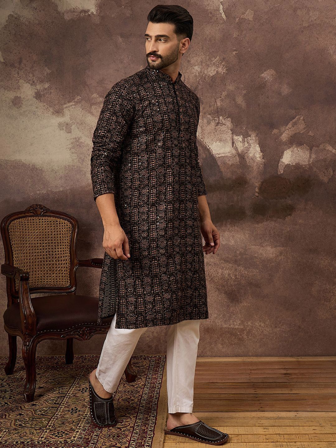 Ethnic Bay Men Black Viscose Rayon Ethnic Motifs Embroidered Straight Kurta With Pant Set-MKSET1405