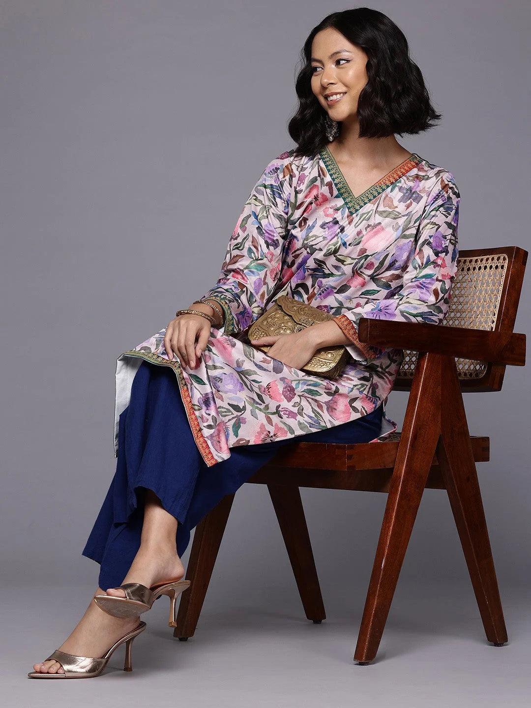 Floral Printed Velvet Kurta-AHKUVLDP-1146