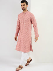 Ethnic Bay Men Pink Viscose Rayon Embroidered Straight Kurta With Pant Set-MKSET1060