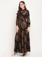 Women Black Crepe Copper Foil Print Dress-AHDRCRFP-900