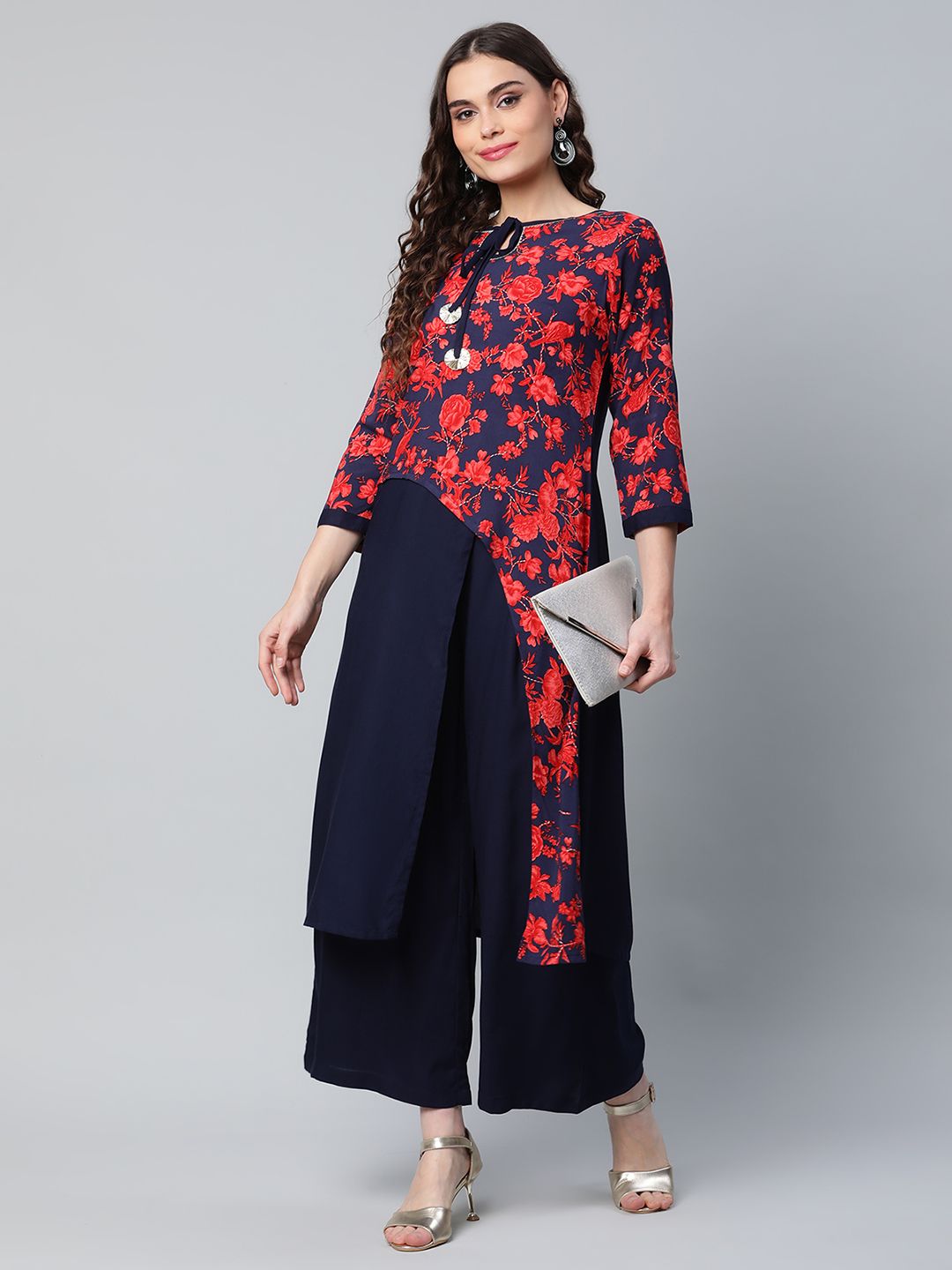 Navy Rayon Printed Kurta Palazzo Set | Women's Palazzo Sets