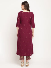 Wine Crepe Gold Glitter Print Kurta Trouser Set-AHKUPN-COMBO-367