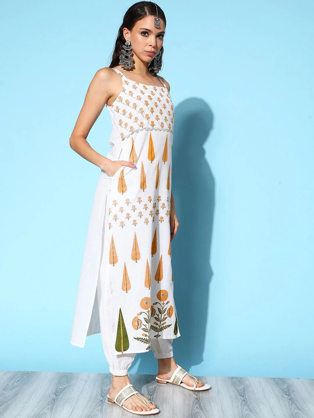 White Cotton Printed Kurta Pant Dupatta Set | Women's Kurta Sets