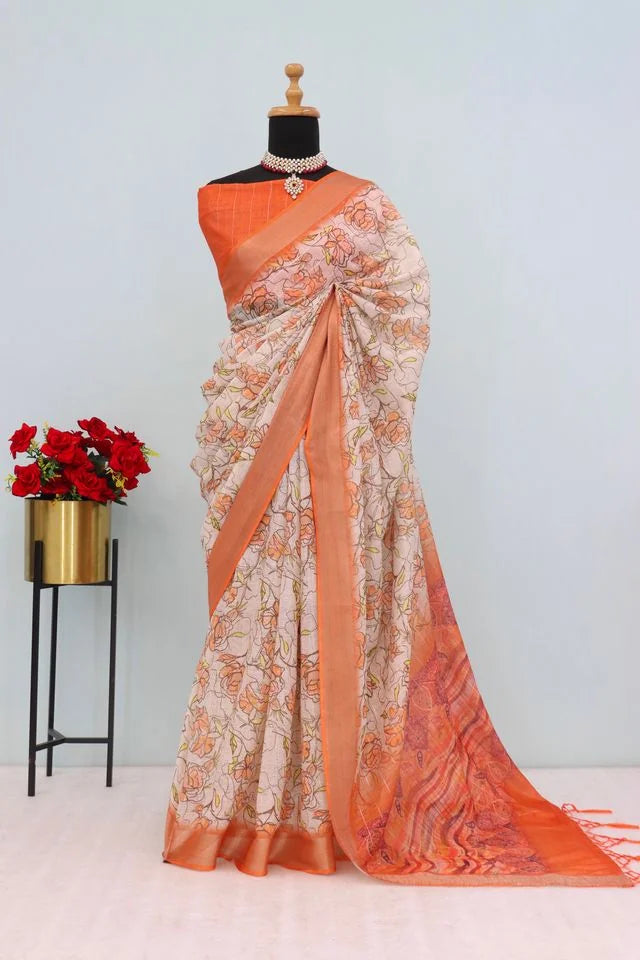 Linen Digital Print Orange Saree With Unstiched Blouse Piece