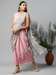 Baby Pink Georgette Saree Dress With Printed Pallu-AHDRCRGRDP-956