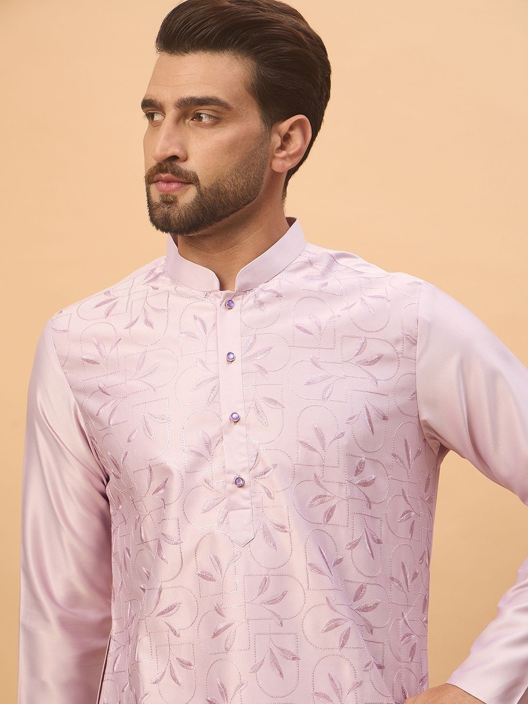Ethnic Bay Men Lavender Silk Blend Solid Embroidered Straight Kurta With Pant Set-MKSET1447