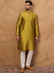 Ethnic Bay Men Yellow Silk Blend Solid Woven Design Straight Kurta With Pant Set-MKSET1459