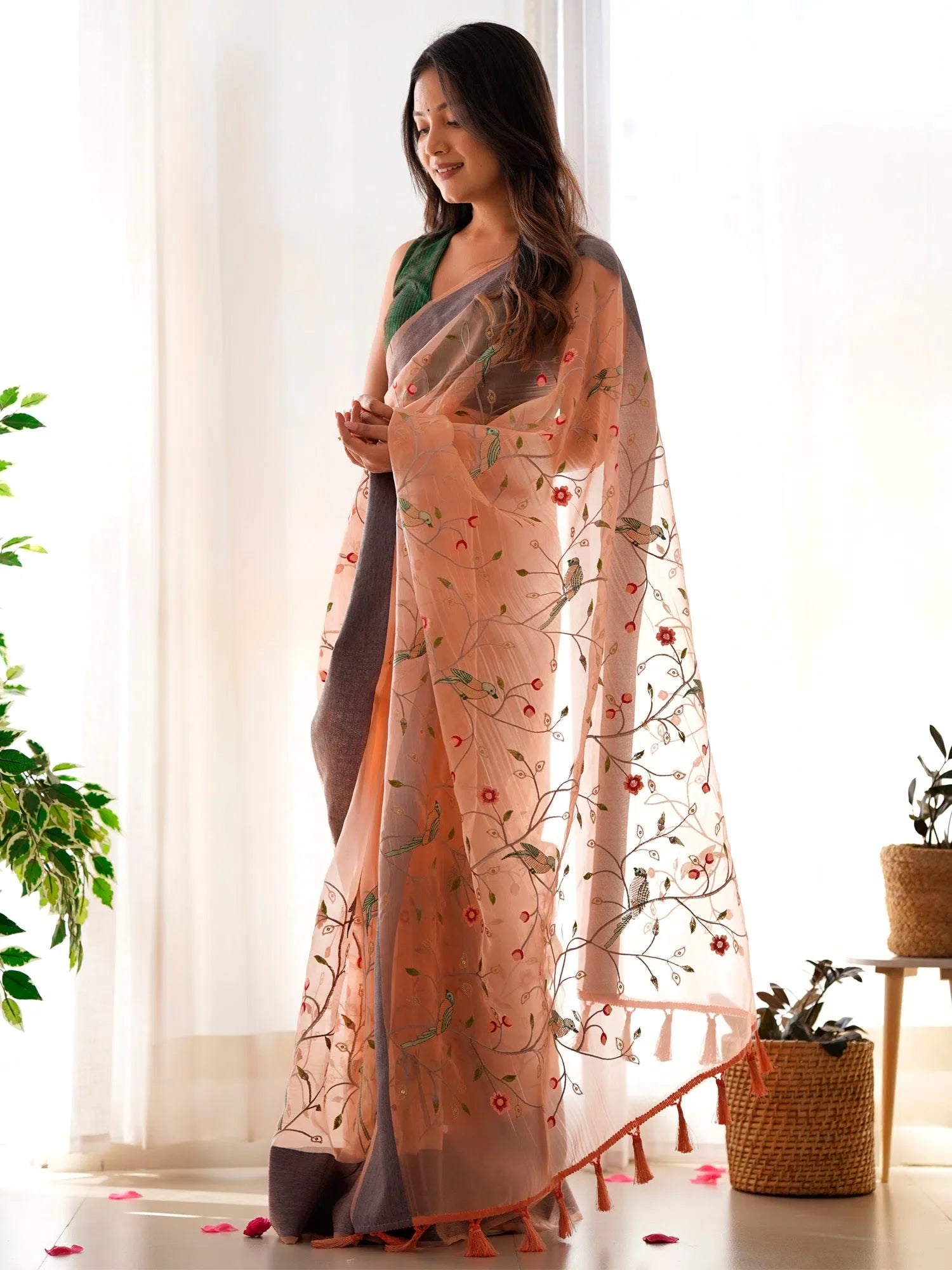 Peach Embroidered Organza Saree | Premium Designer Sarees India