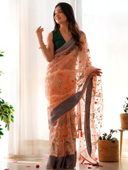 Women's Organza Peach Embroidered Designer Saree With Blouse Piece-AAVYA1902