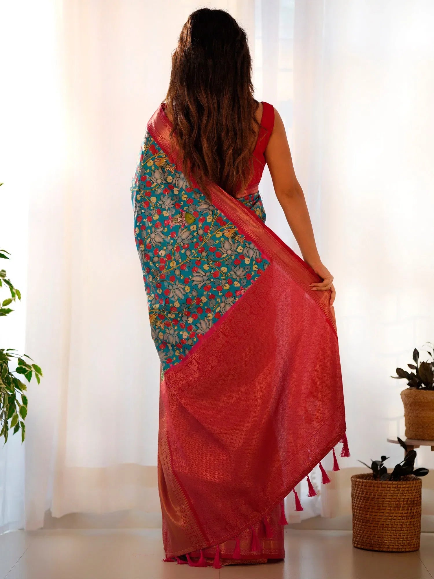 Blue Printed Polyester Saree with Blouse | Indian Sari