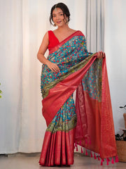Women's Blend Blue Printed Designer Saree With Blouse Piece-AAVYA2101