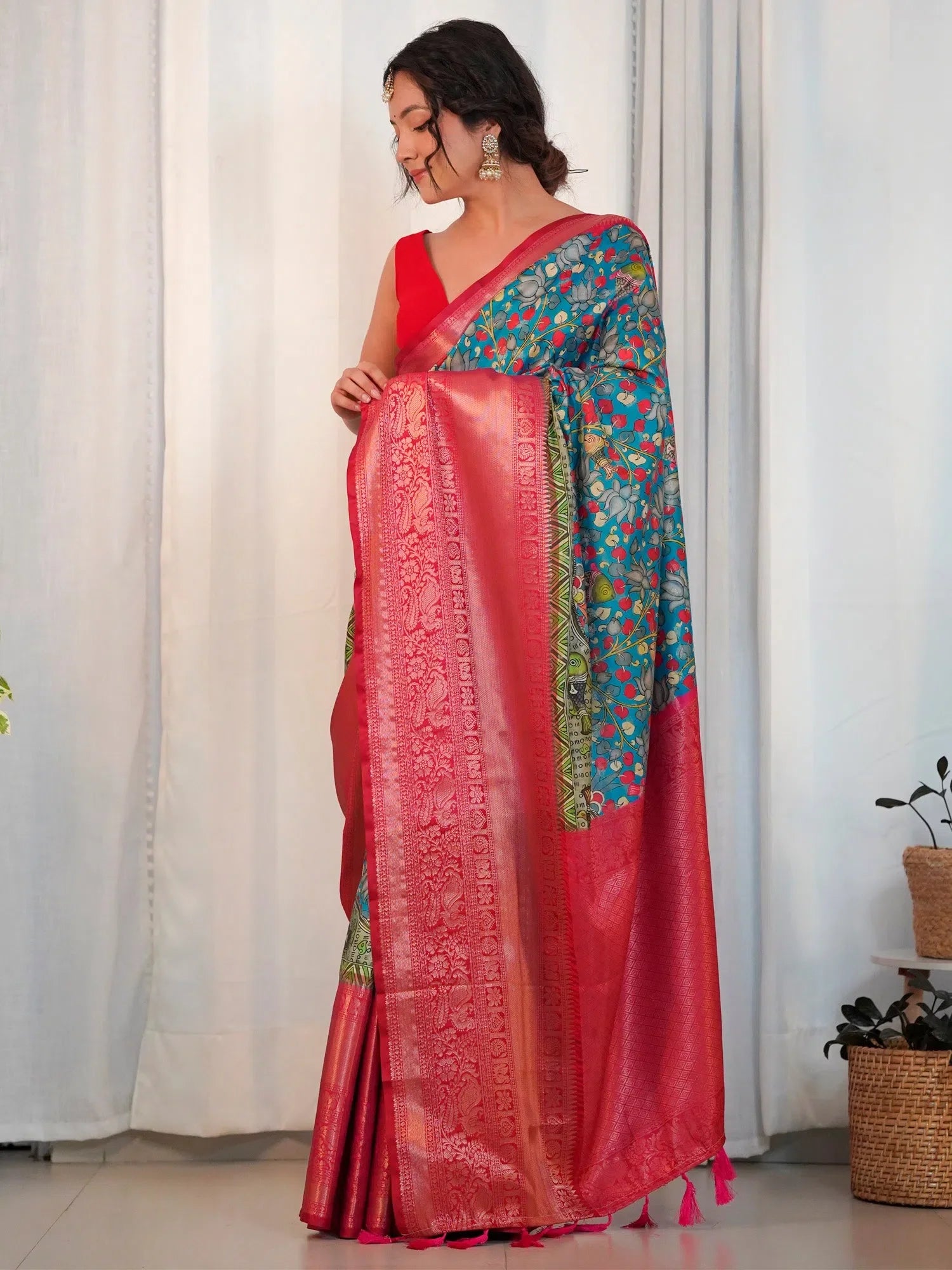 Blue Printed Polyester Saree with Blouse | Indian Sari