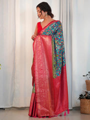 Women's Blend Blue Printed Designer Saree With Blouse Piece-AAVYA2101