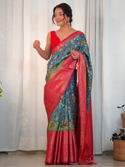 Women's Blend Blue Printed Designer Saree With Blouse Piece-AAVYA2101