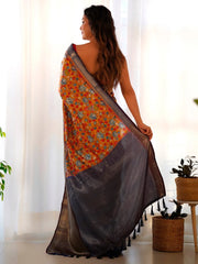 Women's Blend Orange Printed Designer Saree With Blouse Piece-AAVYA2103