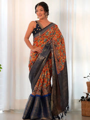 Women's Blend Orange Printed Designer Saree With Blouse Piece-AAVYA2103