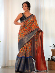 Women's Blend Orange Printed Designer Saree With Blouse Piece-AAVYA2103