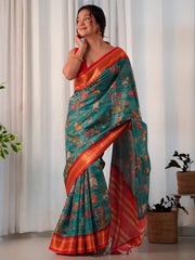 Women's  Blend Teal Blue Printed Designer Saree With Blouse Piece-AAVYA2501