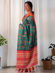 Women's  Blend Teal Blue Printed Designer Saree With Blouse Piece-AAVYA2501