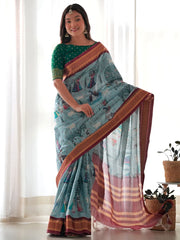 Women's Banarasi Sea Green Printed Designer Saree With Blouse Piece-GRUHAM205