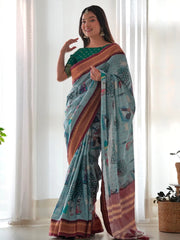 Women's Banarasi Sea Green Printed Designer Saree With Blouse Piece-GRUHAM205