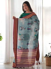 Women's Banarasi Sea Green Printed Designer Saree With Blouse Piece-GRUHAM205
