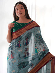 Women's Banarasi Sea Green Printed Designer Saree With Blouse Piece-GRUHAM205
