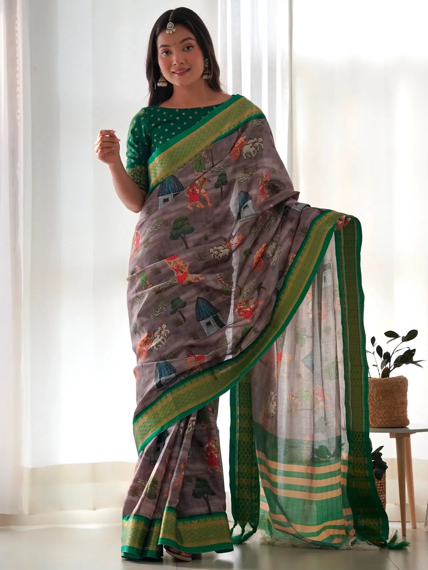 Charcoal Grey Printed Saree - Designer Sarees India