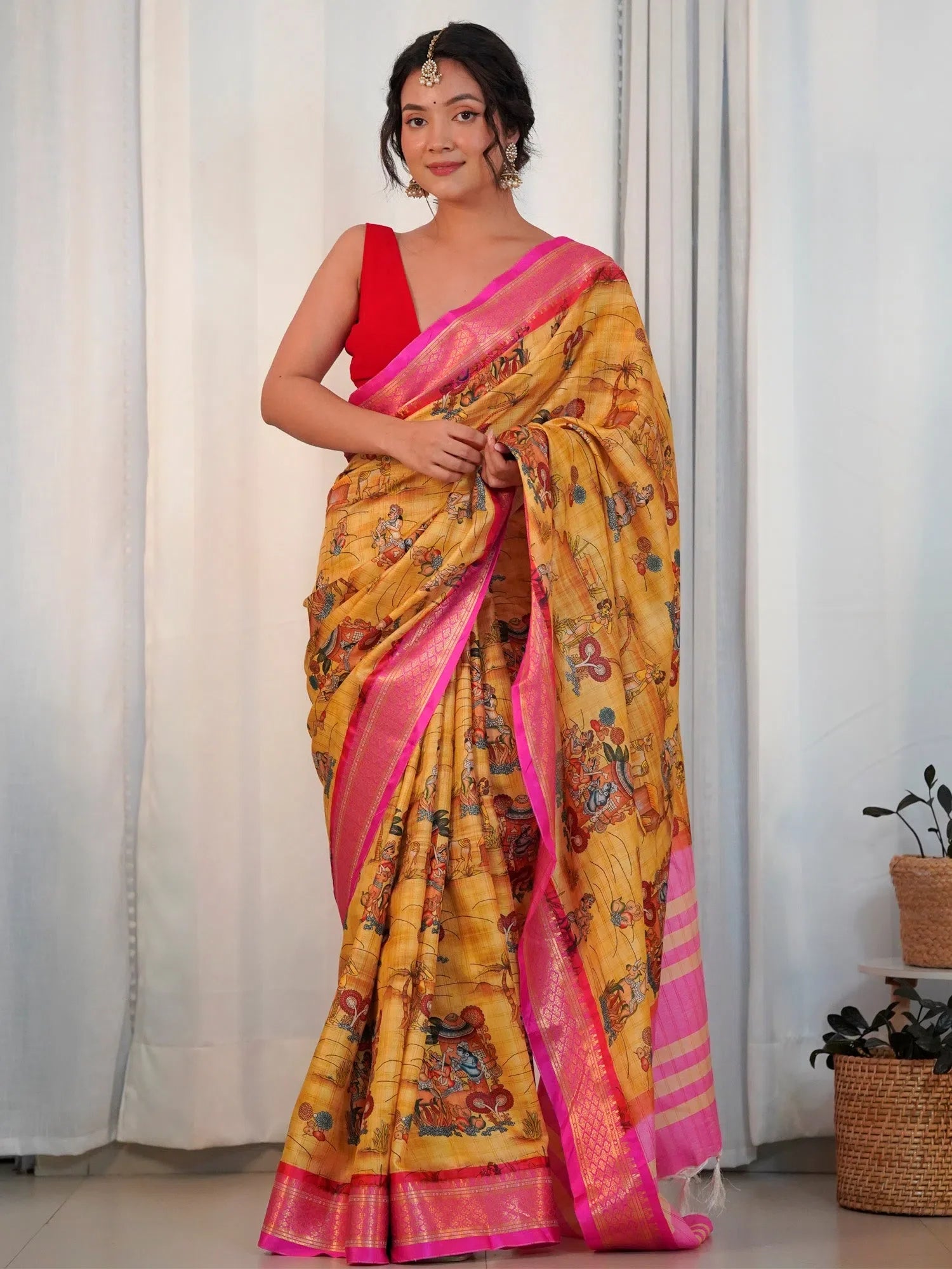 Mustard Printed Polyester Saree – Ethnic Indian Wedding Attire