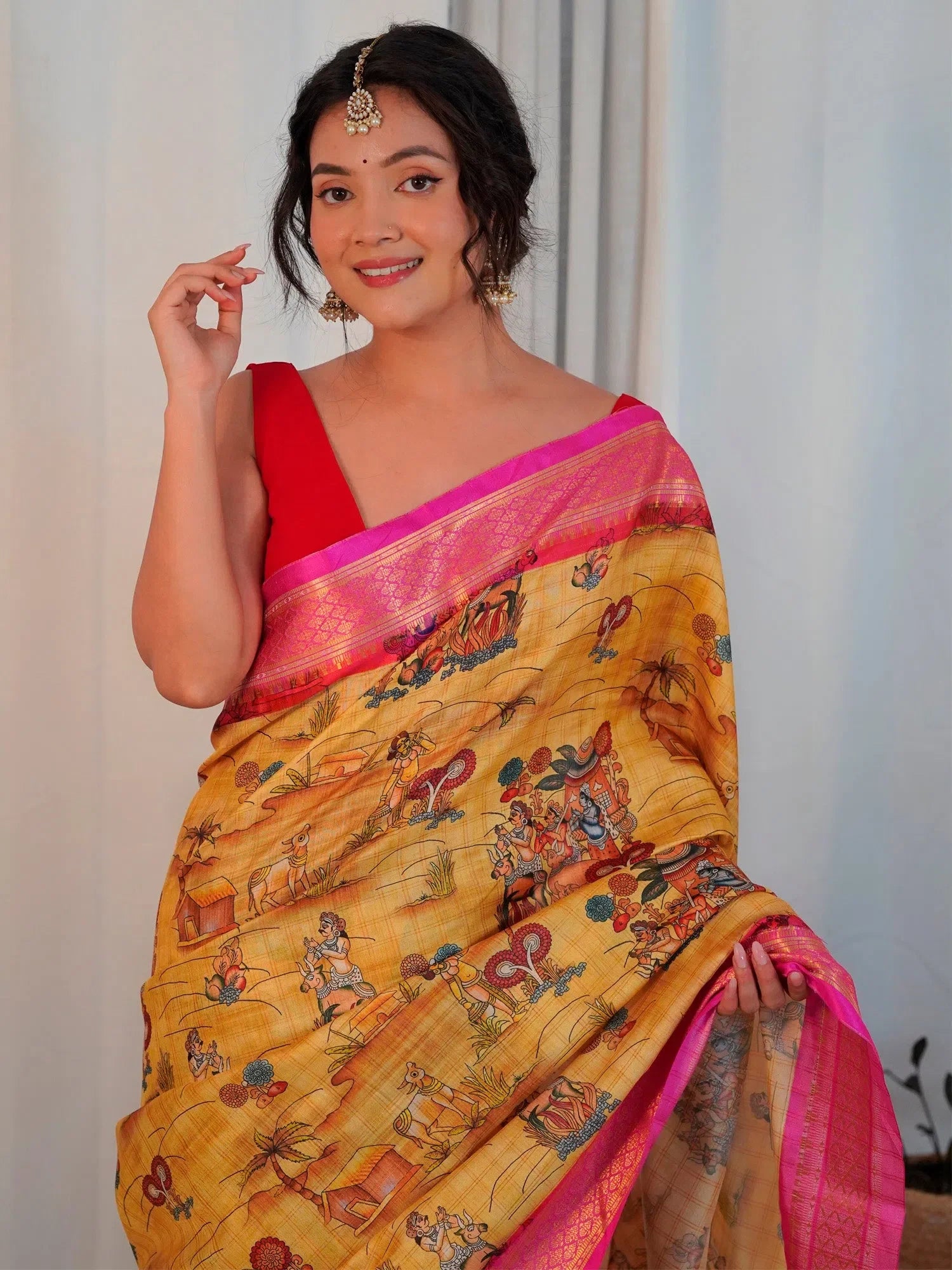 Mustard Printed Polyester Saree – Ethnic Indian Wedding Attire