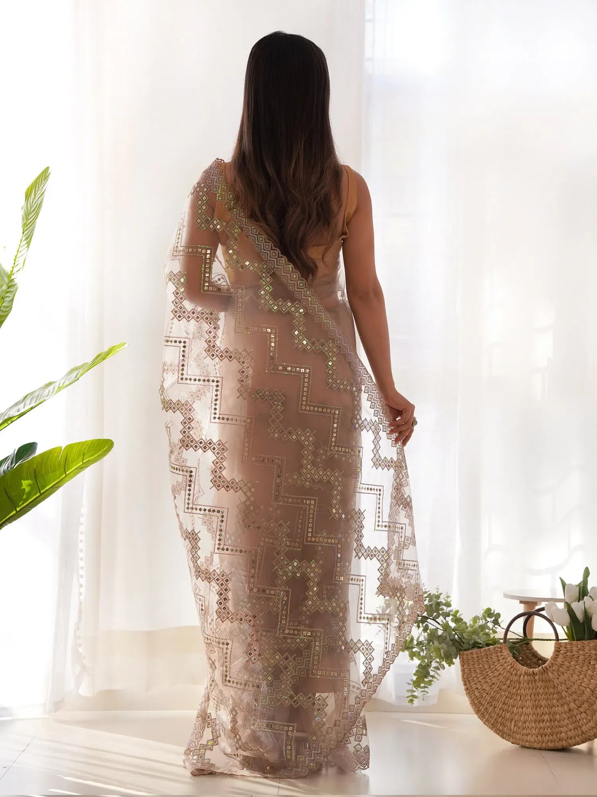 Women's Net Beige Embellished Designer Saree With Blouse Piece-AAVYA2601