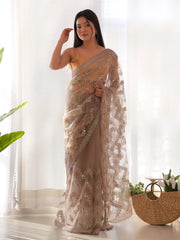 Women's Net Beige Embellished Designer Saree With Blouse Piece-AAVYA2601
