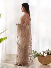 Women's Net Beige Embellished Designer Saree With Blouse Piece-AAVYA2601