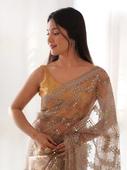 Women's Net Beige Embellished Designer Saree With Blouse Piece-AAVYA2601