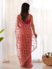 Women's Net Pink Embellished Designer Saree With Blouse Piece-AAVYA2602