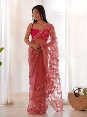 Women's Net Pink Embellished Designer Saree With Blouse Piece-AAVYA2602