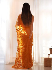 Women's Net Yellow Embroidered Designer Saree With Blouse Piece-AAVYA2802