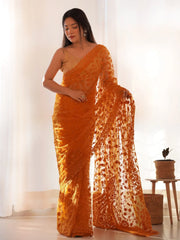 Women's Net Yellow Embroidered Designer Saree With Blouse Piece-AAVYA2802
